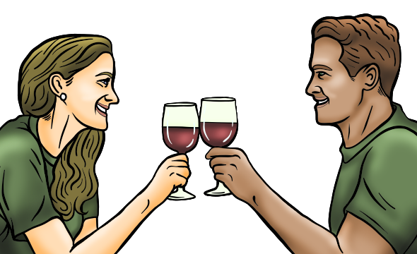 Illustration of a man and woman service member each enjoying a glass of wine