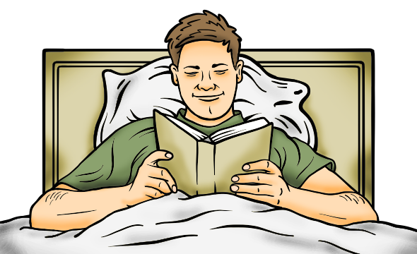 Illustration of a male servicemember reading in bed