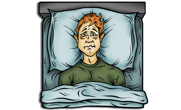 Illustration of a man in bed having trouble falling asleep