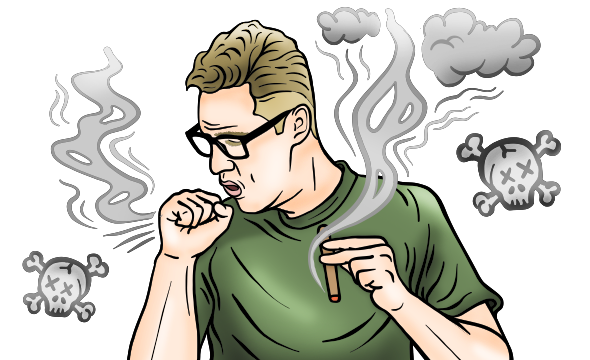Illustration on a service member smoking a cigarette and coughing. There are little clouds of smoke that look like a skull and crossbones
