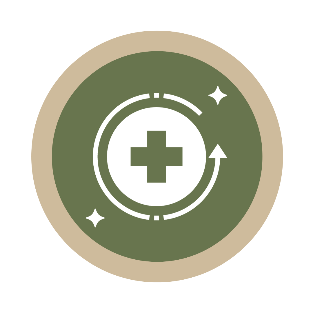 Icon of an aid cross with  one arrow circling around it counter-clockwise