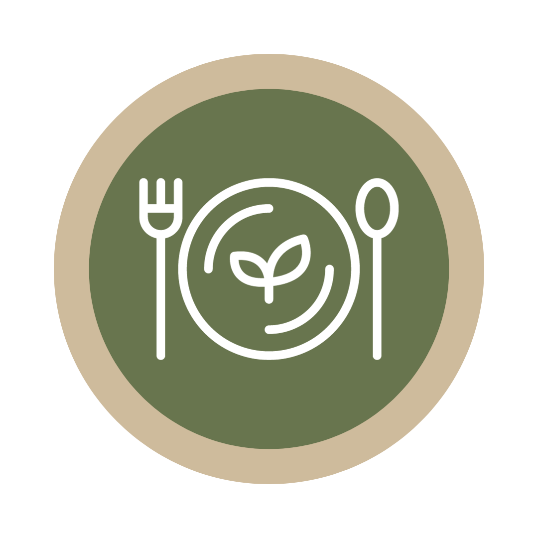 icon of health food on a plate with a fork and spoom om either side of the plate
