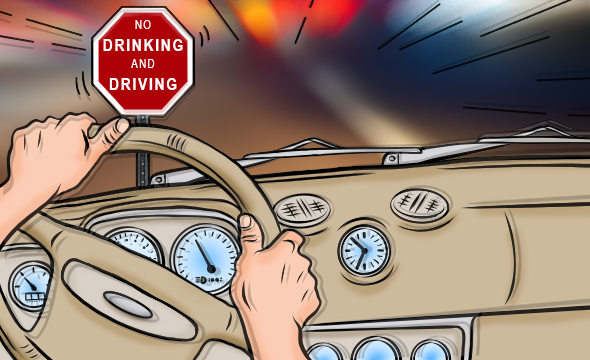 Illustration of person driving while inebriated. Vision is a little blurry
